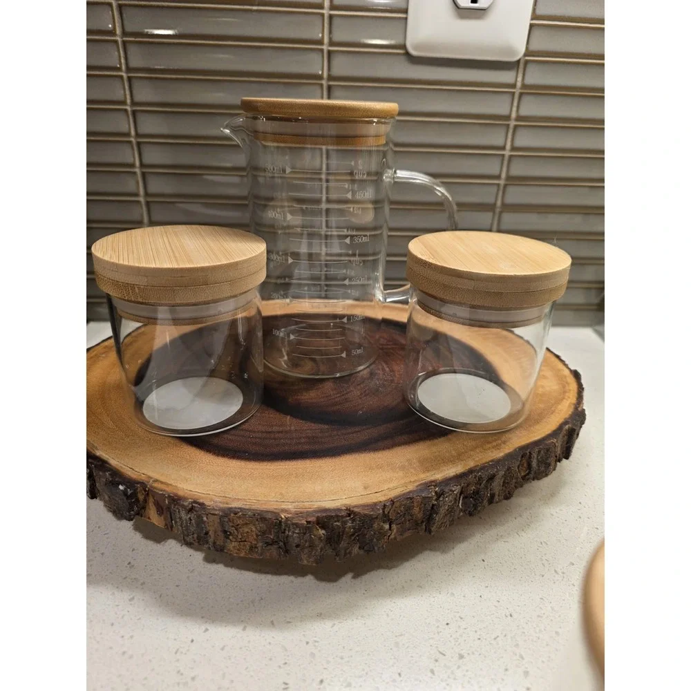 Set of 7 Glass Spice Jars, 1 Measuring Cup Bamboo Airtight Lids